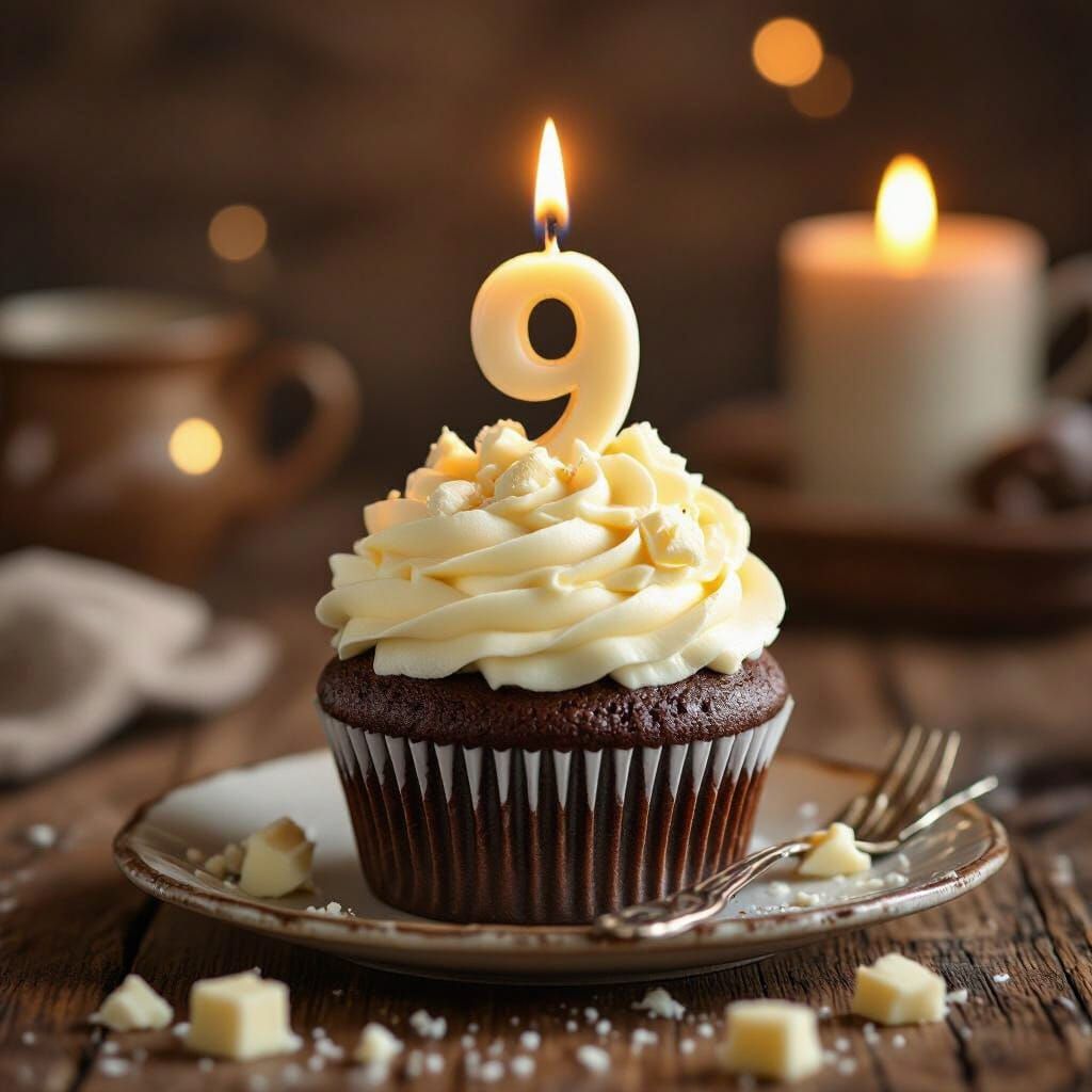Chocolate Cupcake with Number 9 Candle on Wooden Table