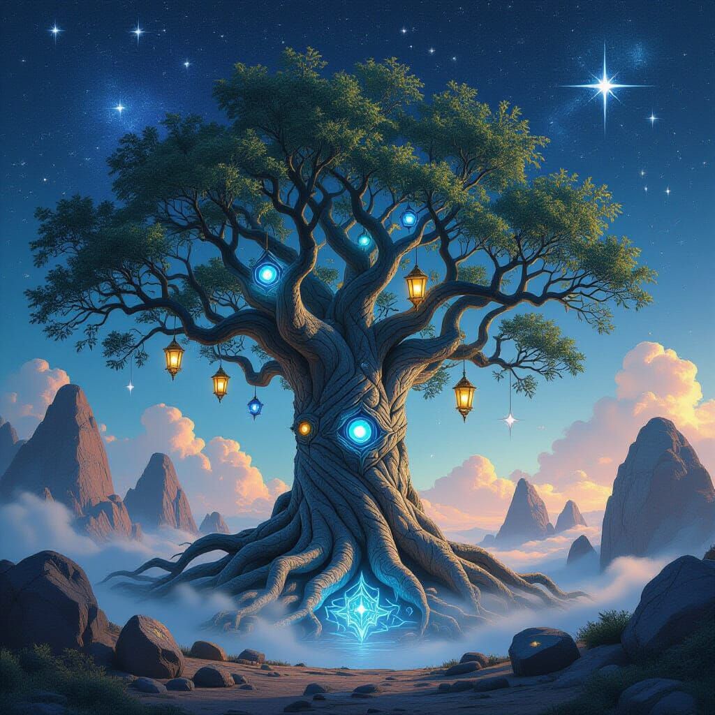 Cosmic Tree on Alien Planet with Glowing Lanterns