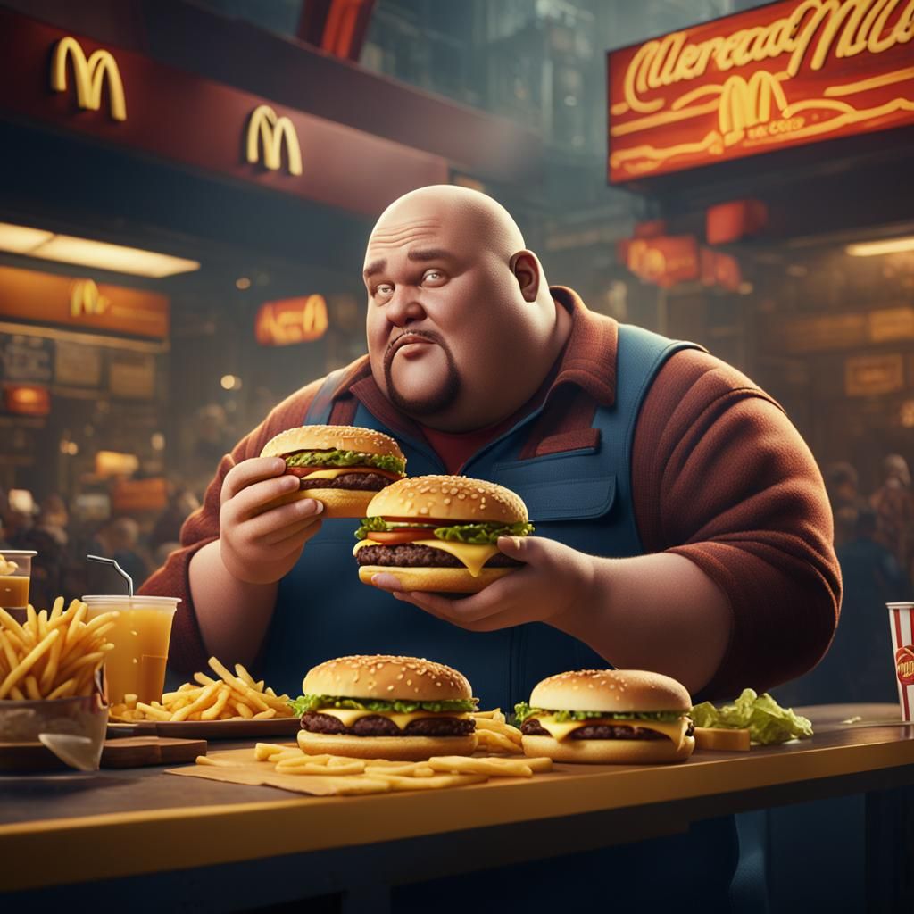 Detailed Painting of a Man Enjoying Cheeseburgers