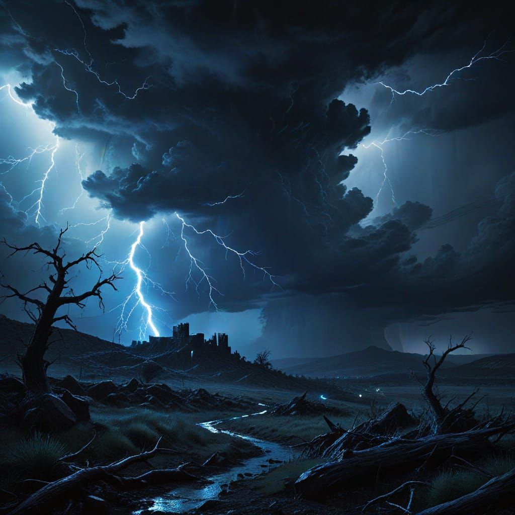 Dark Fantasy Landscape with Electric Blue Lightning