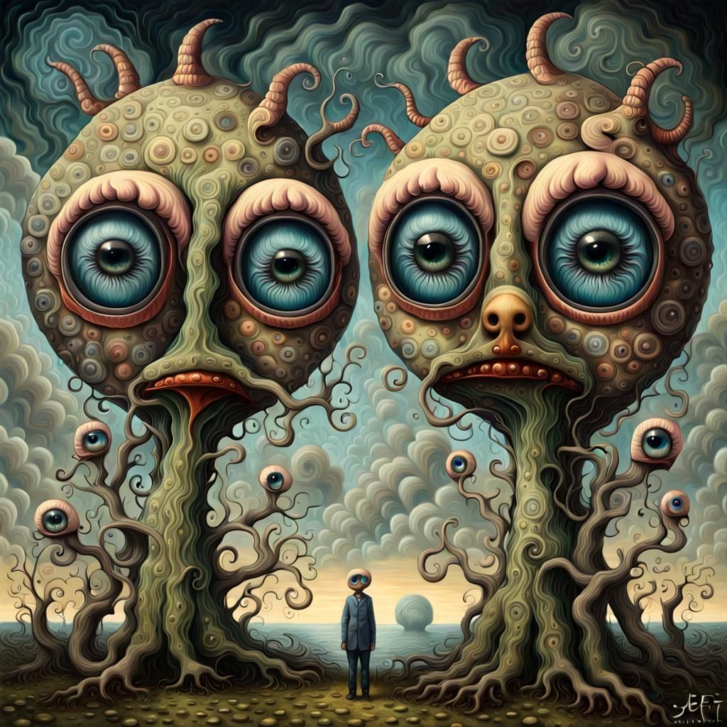 Surreal Pop Art: Two Monsters with Fractal Eyes
