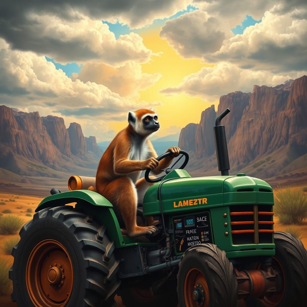 Lemur Monkey Drives Tractor in Renaissance Desert
