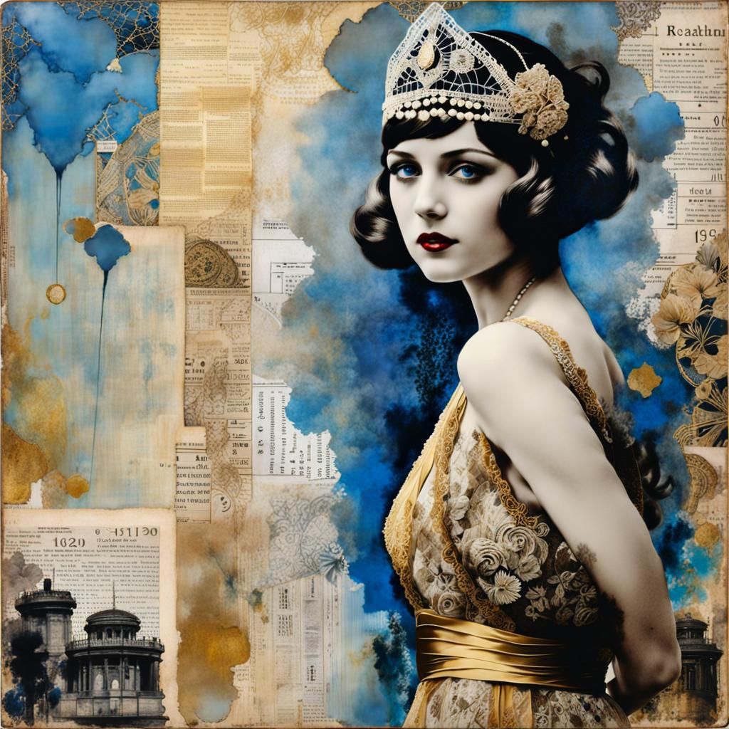 1920s Girl in Encaustic Mixed Media Painting