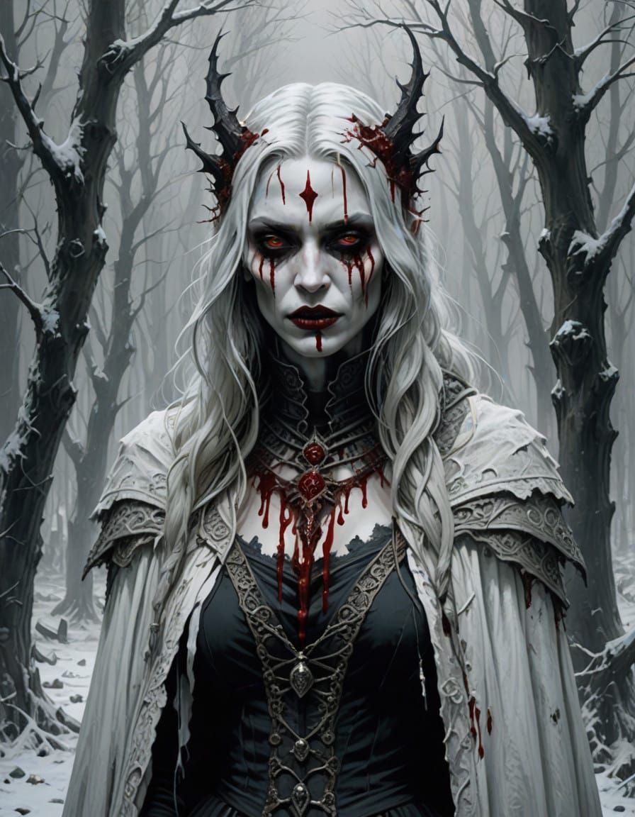Gothic Vampire Goddess in Winter Pagan Attire with Crimson L...