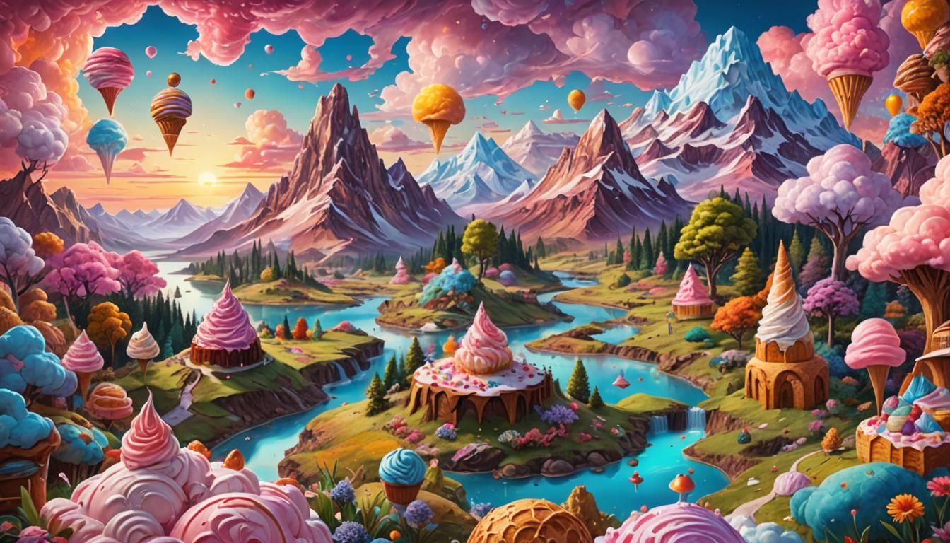 Candy Sunrise Over Edible Landscape in Vaporwave Style