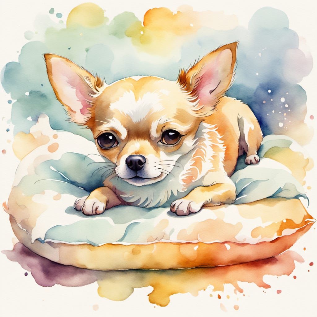 Whimsical Watercolor Chihuahua in Cozy Repose