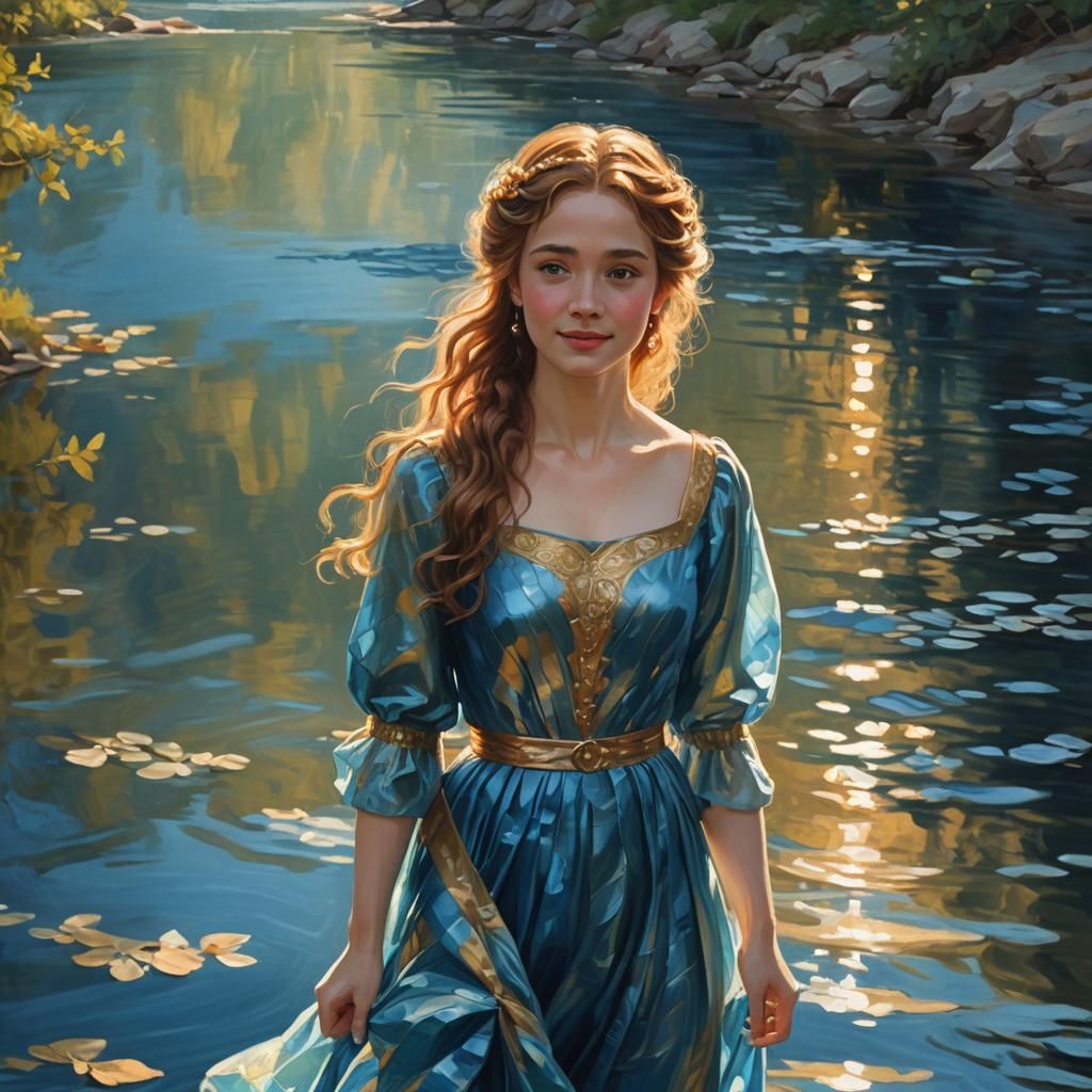 Smiling Princess by River in Dreamy Oil Painting Style