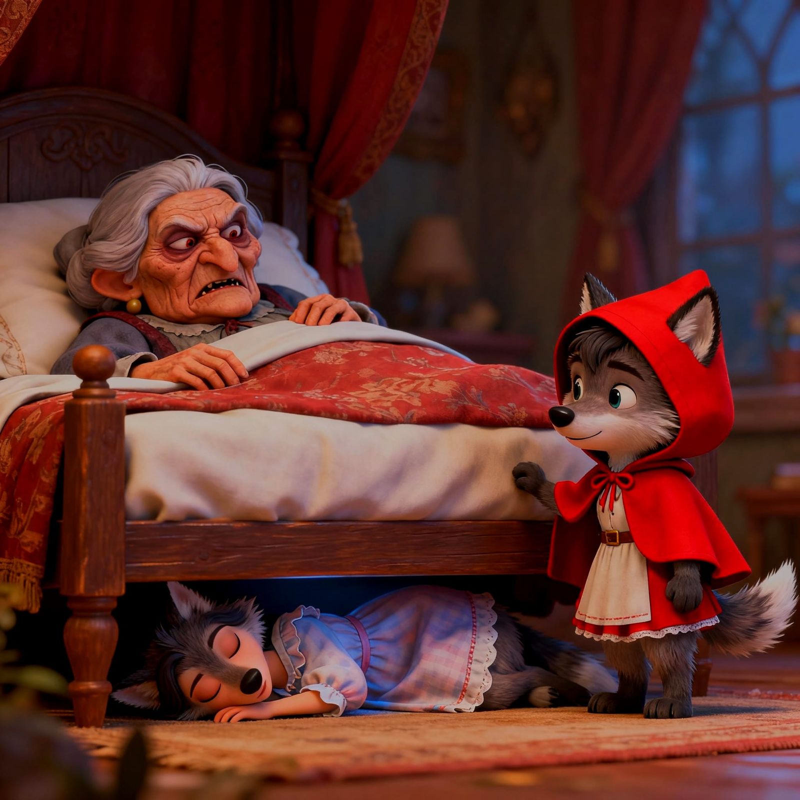 Whimsical Wolf Cub and Grandma in 3D Storybook Style