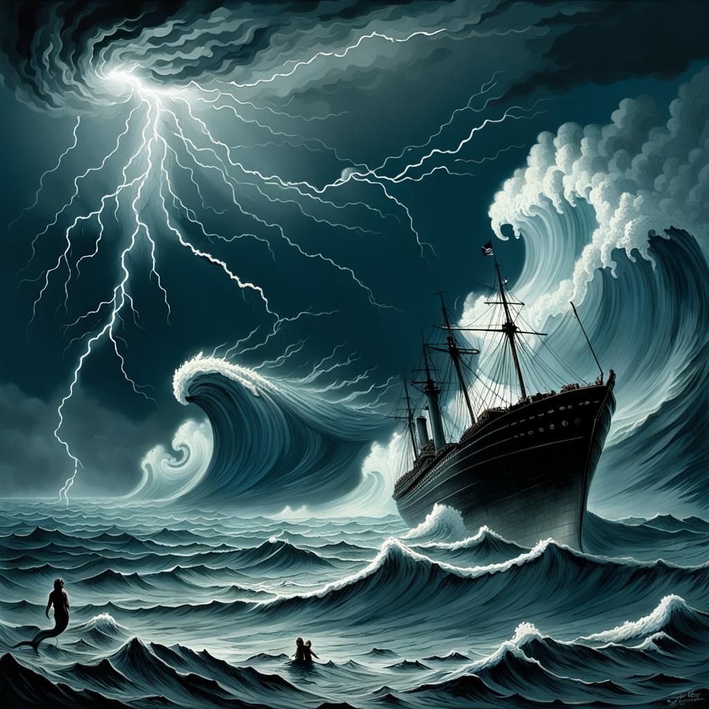 Dramatic Ocean Scene with Ship and Mermaids