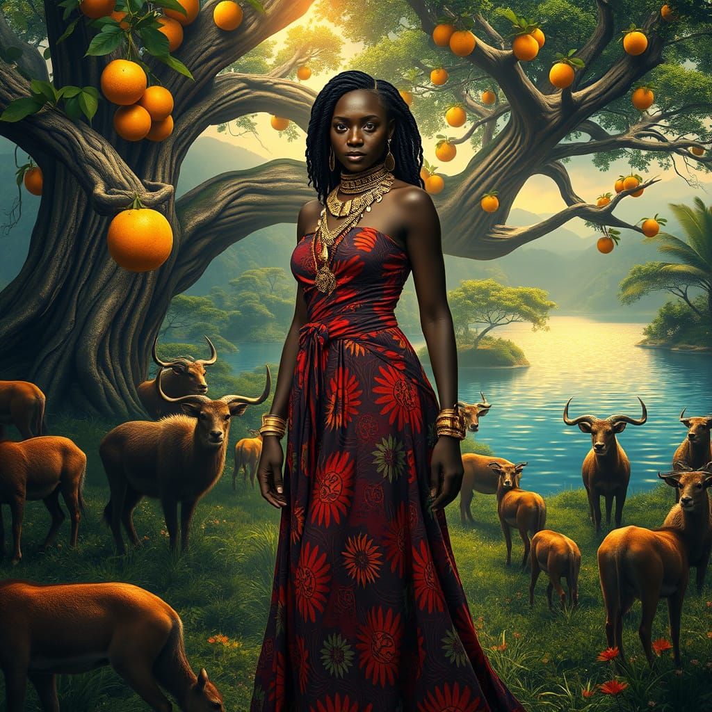 African Woman in Eden Garden, Fantastical Realism