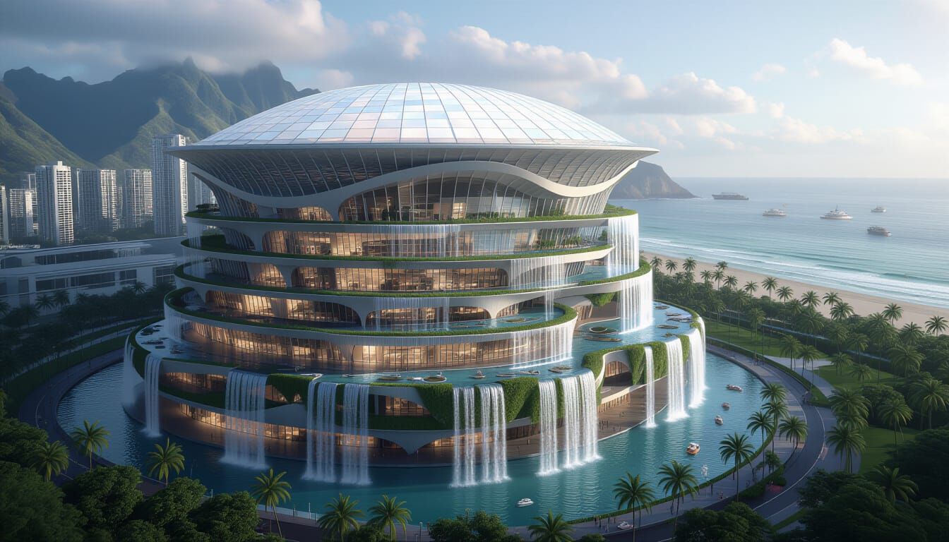 Drone View of Spiral Vertical City Integrated With Stadium a...