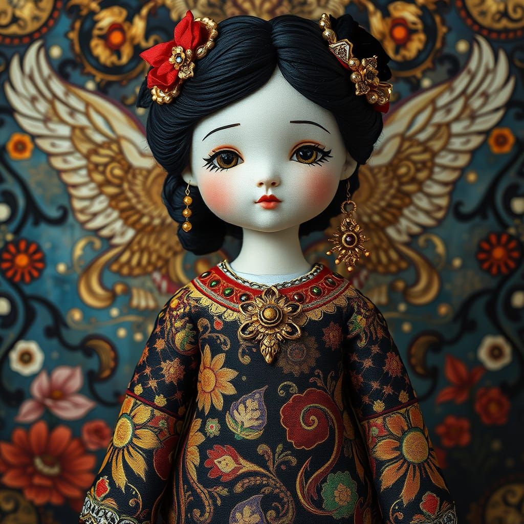 Fabric Doll in Gustav Klimt Style with Gold Accents