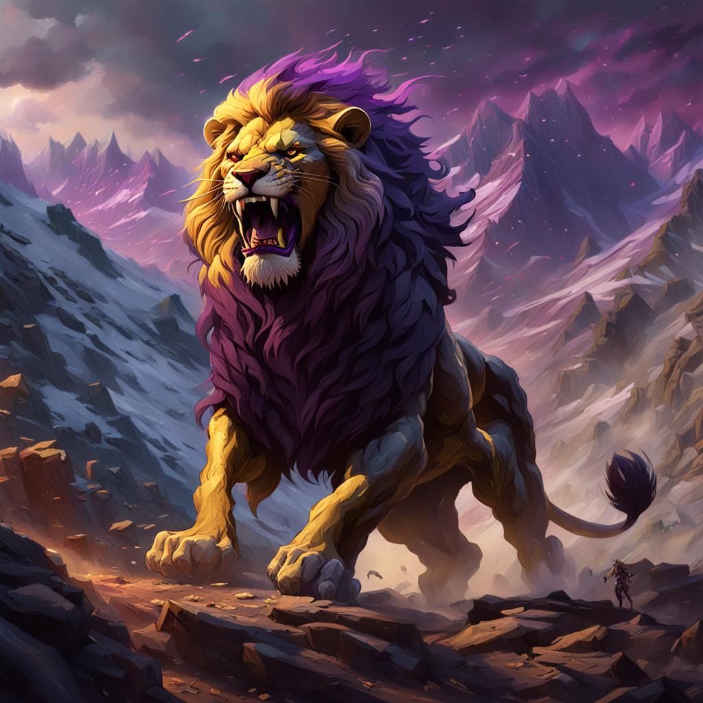 Epic Lion Mountain Battle: Dark Fantasy Art