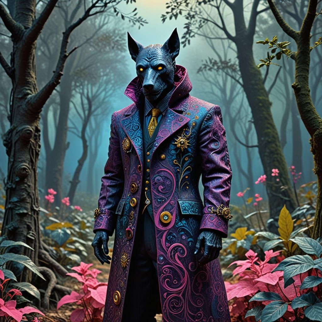 Surreal Werewolf Mafia Figure in Vibrant Wilderness