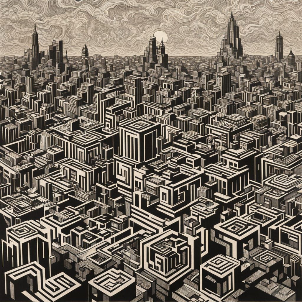 Impossible Geometry Cityscape Inspired by M.C. Escher Woodcu...