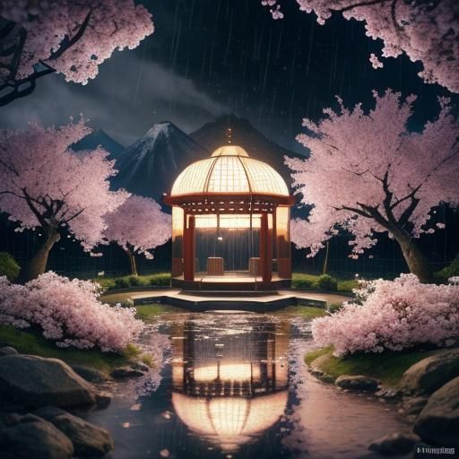 Japanese Cherry Blossoms Rain in Golden Cage of Light