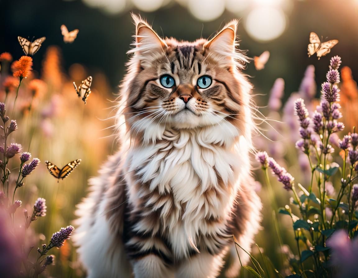 Photorealistic Siberian Cat in a Flower Field