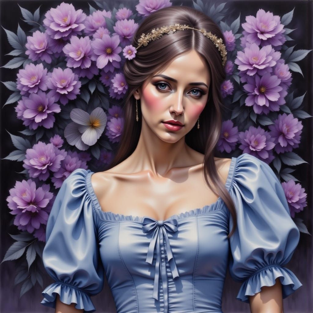 Rappaccini's Daughter An oil painting in the style of  Frank Frazetta, Boris Vallejo, and Julie Bell, features bursts of...