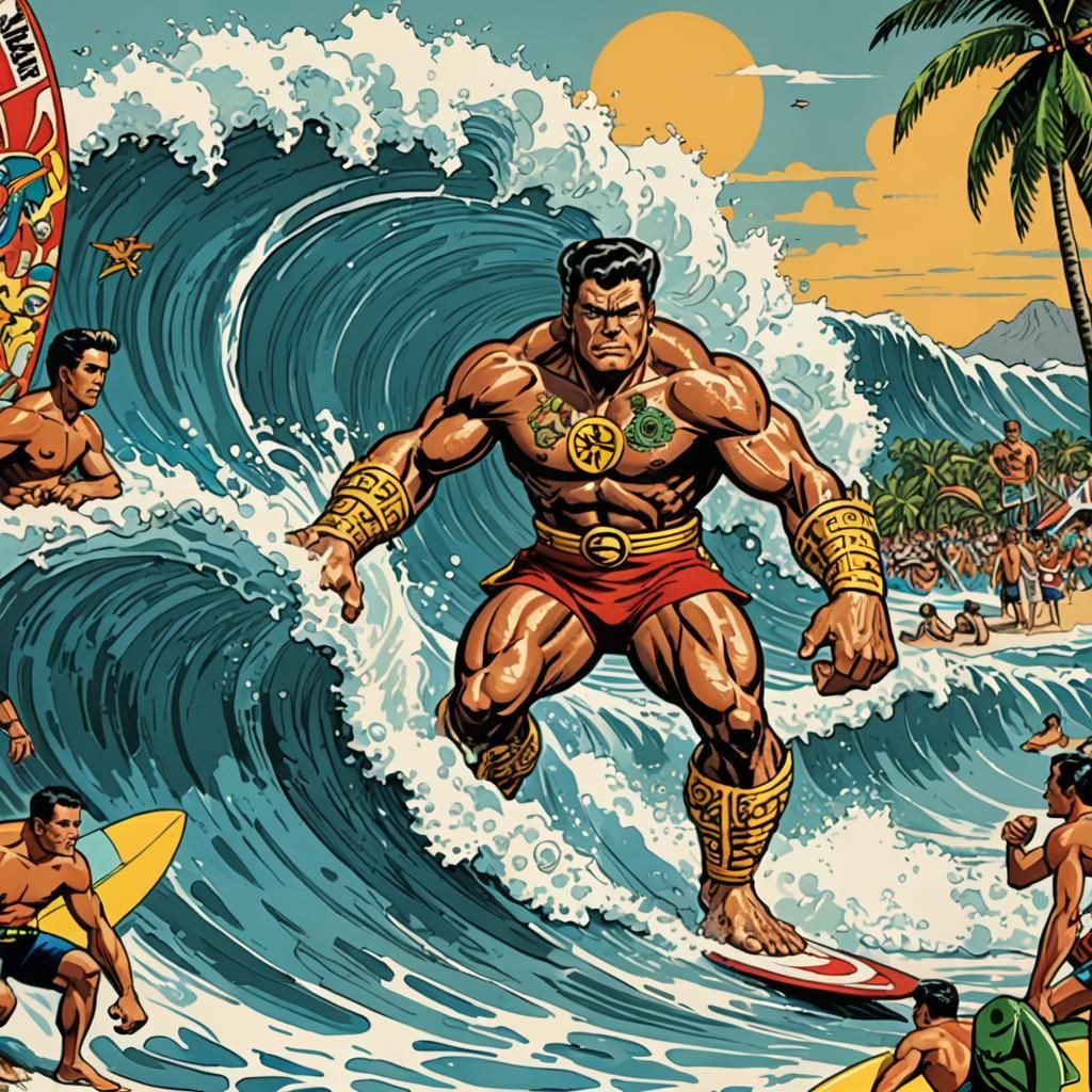 Cartoon art the surf king shows off at Waikiki Beach Jack Kirby Georg Dionysius Ehret exquisitely detailed sharp focus