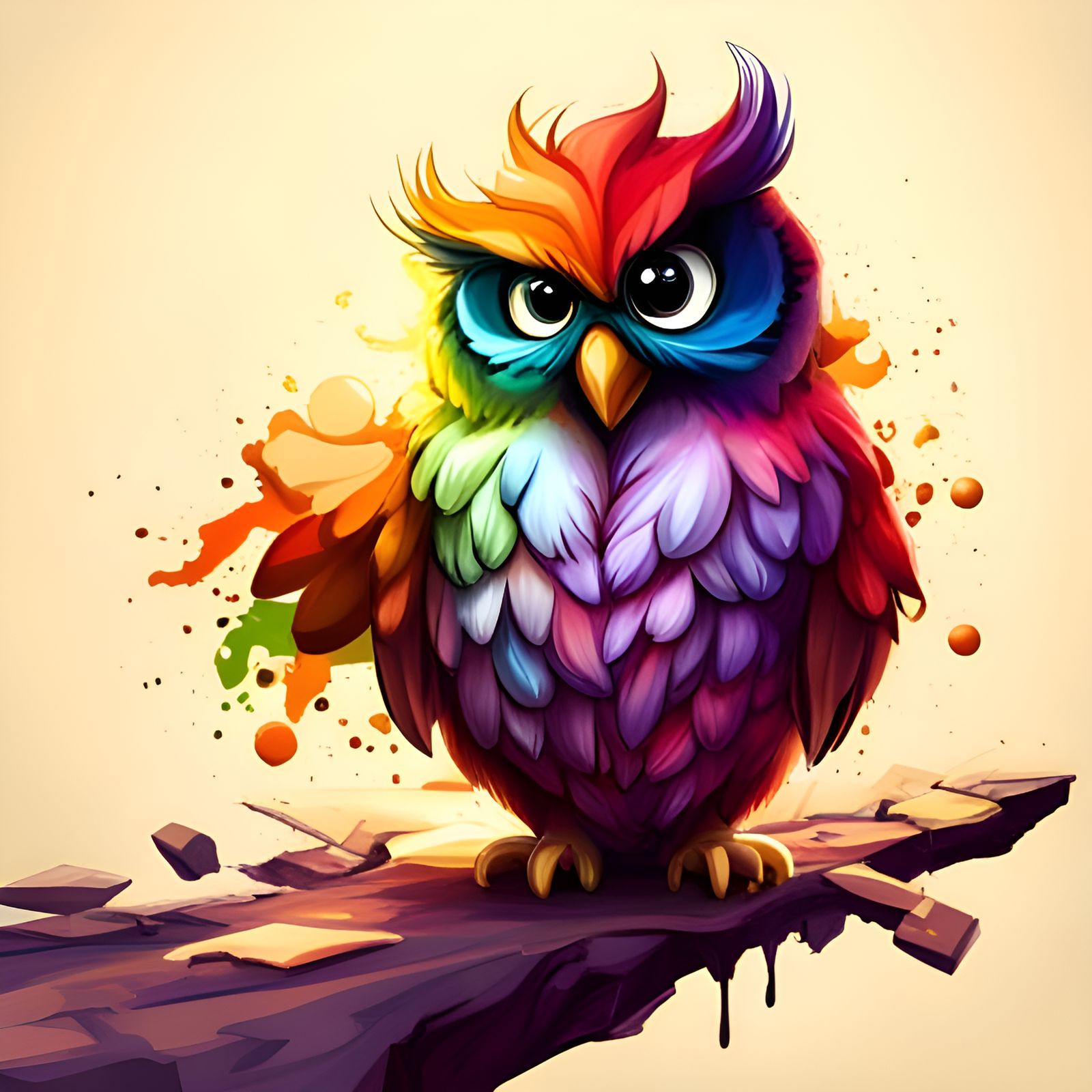 Rainbow Chibi Owl Graffiti Art on Perch