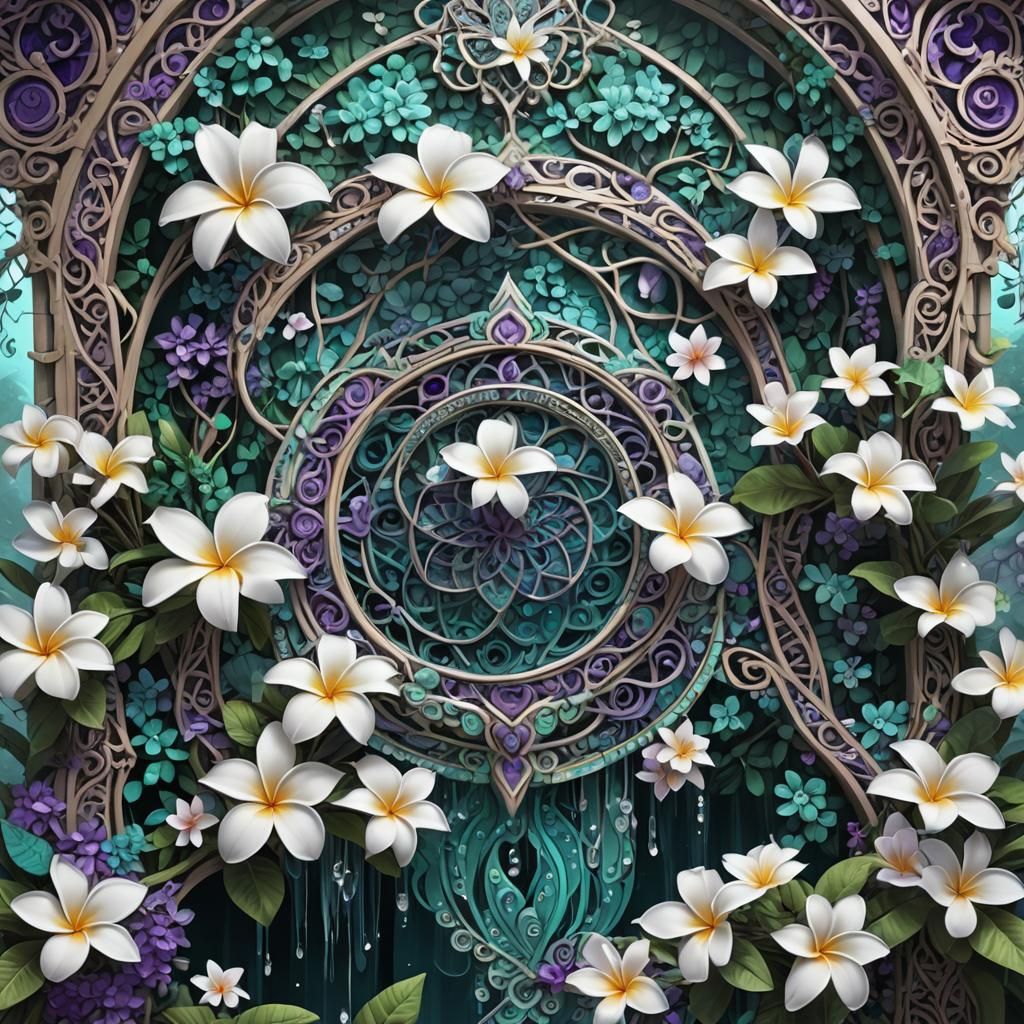 Ornate Jungle Portal with Filigree Plumeria in Anime Style