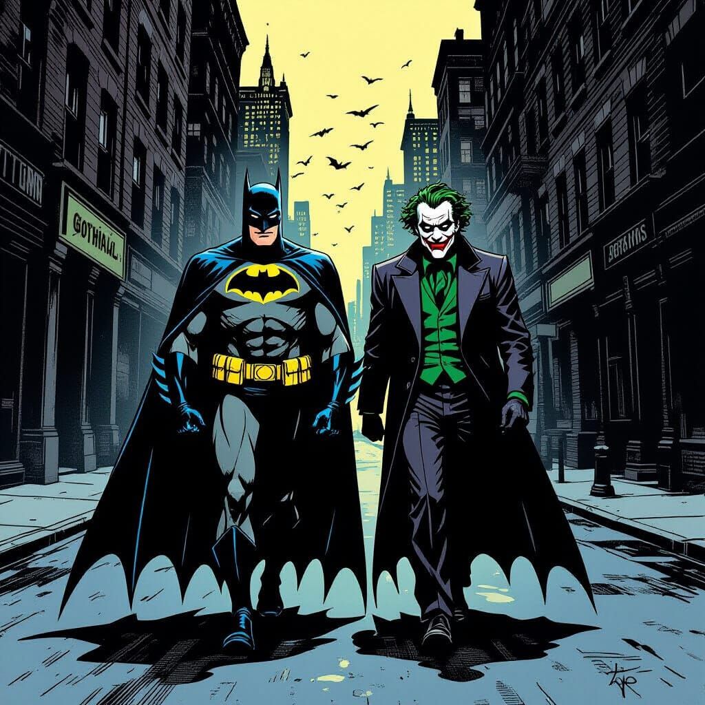 Batman and Joker in Dark Gotham Comic Style