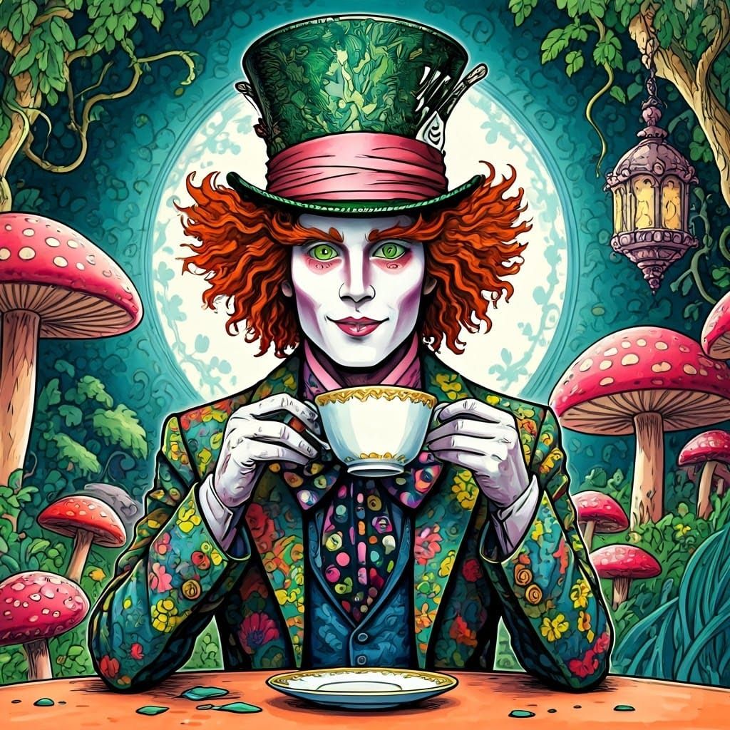 Mad Hatter Sipping Tea in Pop Art Style