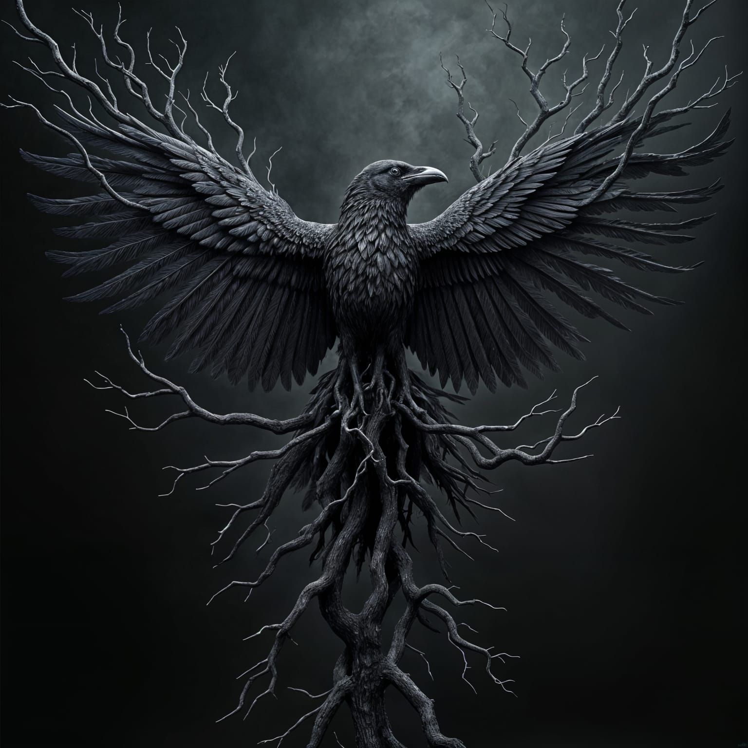 Monochrome Raven with Tree Wings: Surreal Art