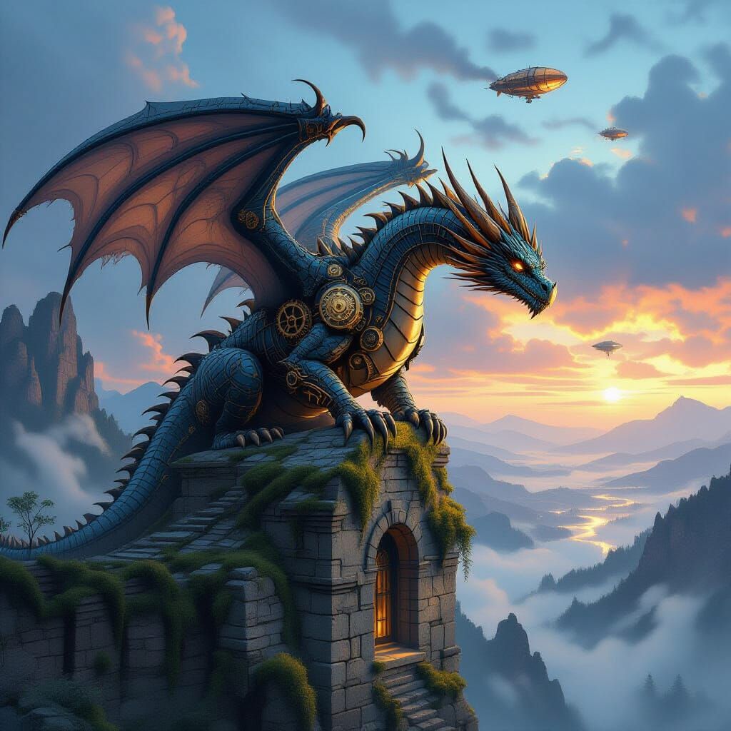 Steampunk Dragon Perched on Ruin at Twilight