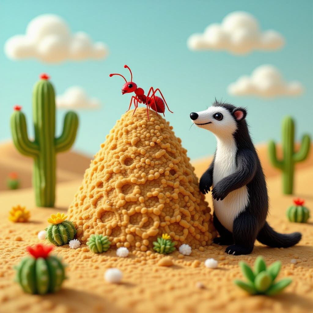 Needle Felted Anteater Beside Desert Ant Hill