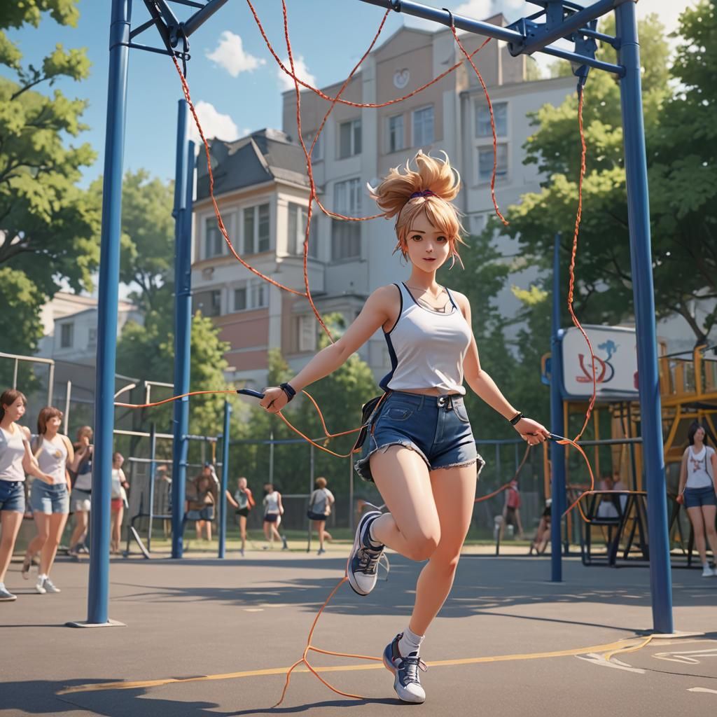 Curvy Woman Playing Jump Rope in Anime Style