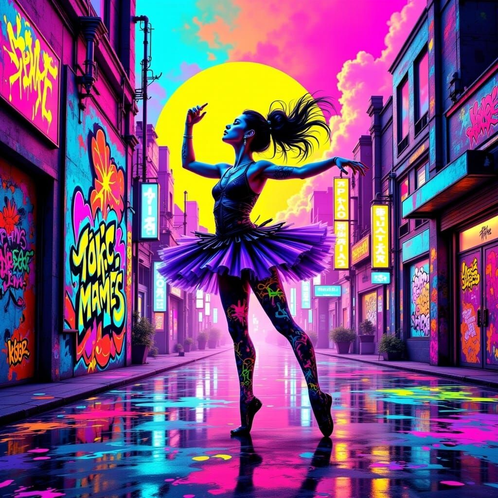 Cyberpunk Ballerina Dancing in Vaporwave City