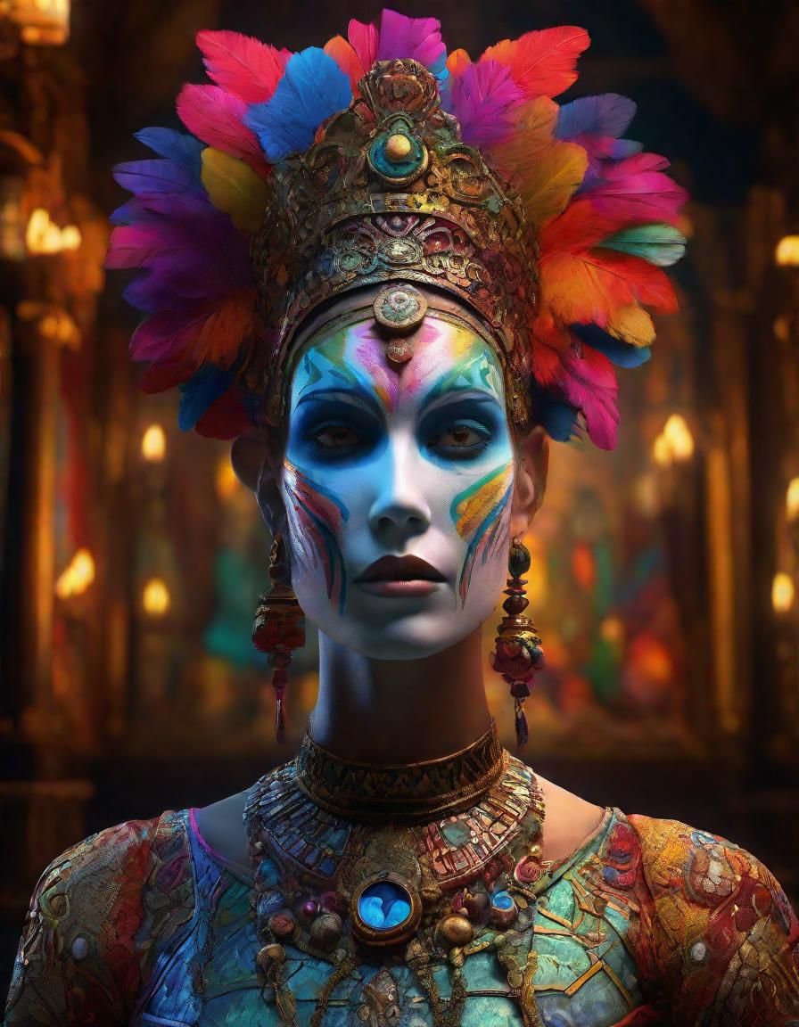 Woman Choosing Masks: Vibrant Digital Art Nouveau Portrait