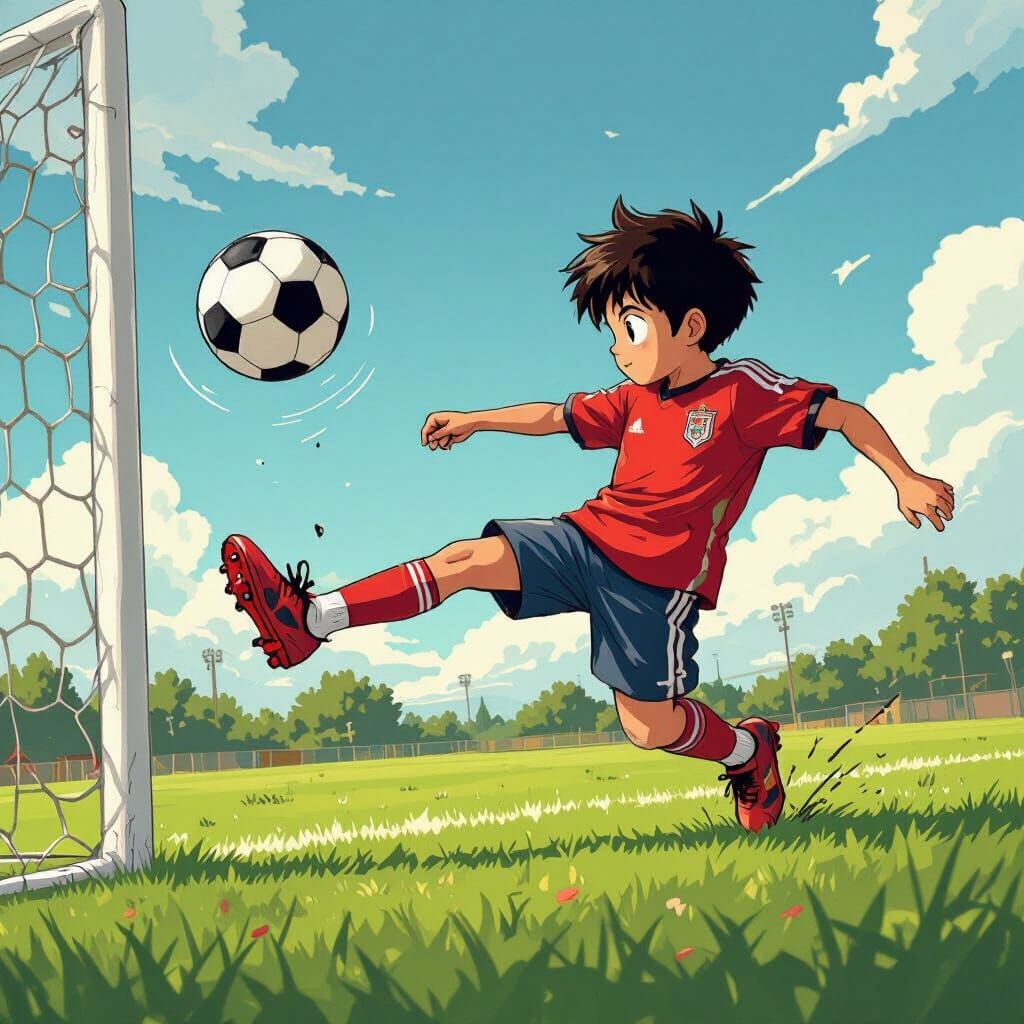 Boy Scores Goal in Stylized Soccer Illustration