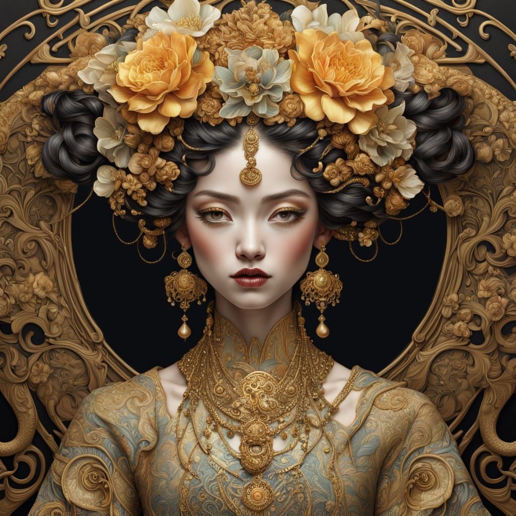 Art Nouveau Geisha Portrait in Golden Hour Lighting