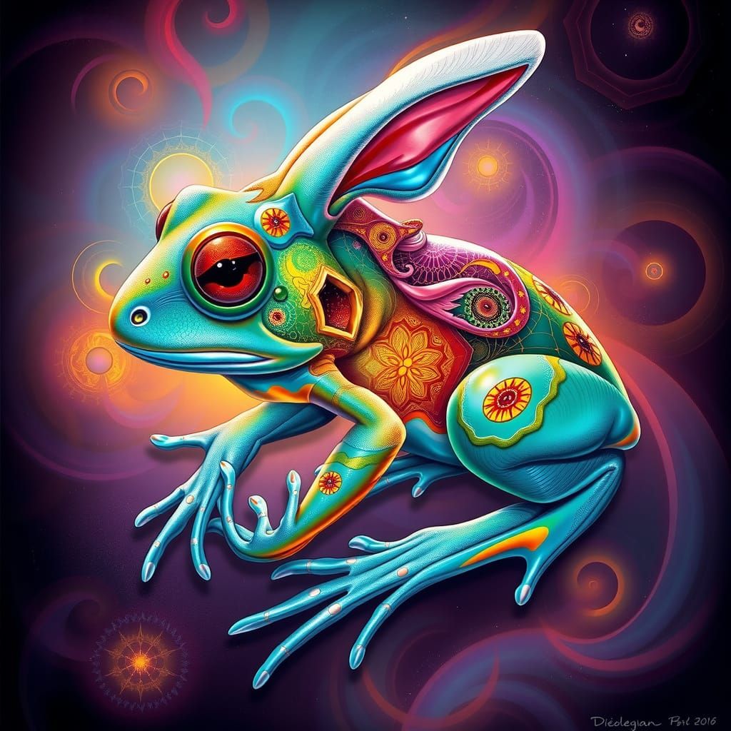 Surreal, Dreamlike Frog-Rabbit Fusion in Vibrant, Swirling C...