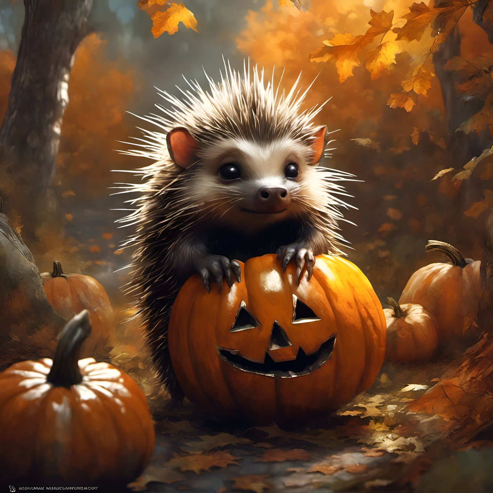 Chibi Porcupine with Pumpkins in Detailed 3D