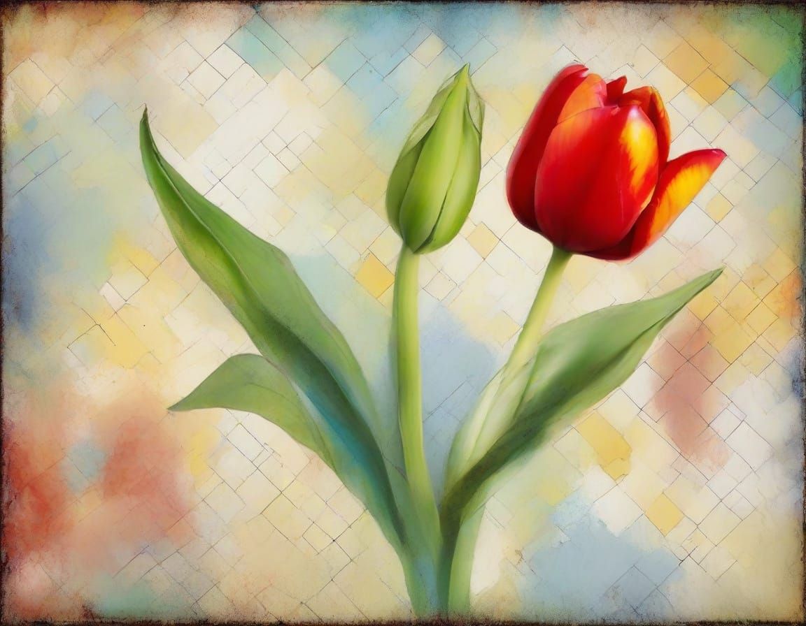 Whimsical Gouache Tulip with Abstract Background