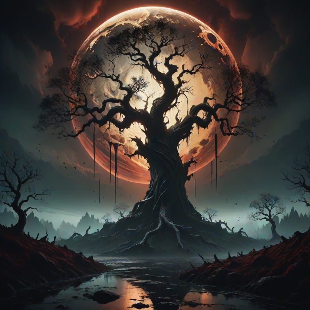 Surreal Earthscape with Ominous Moonlight and Dark Mist