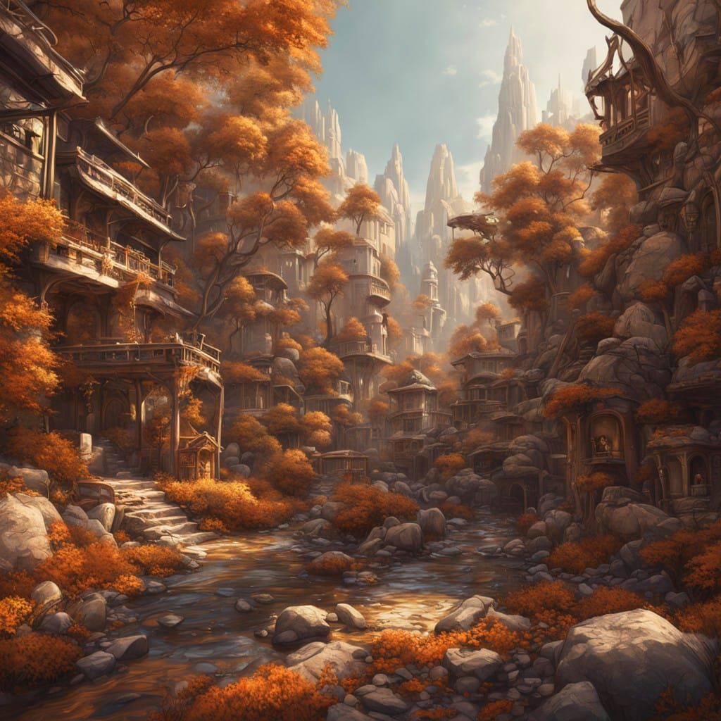 Fantastical Earth-Toned Cityscape in Deep Beige Colors