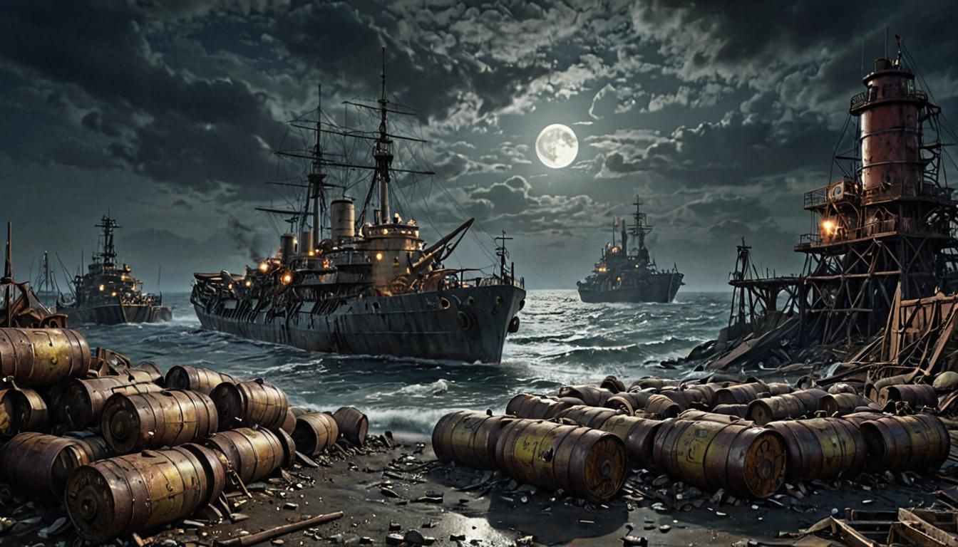 Dieselpunk Battleship in Ruined Industrial Port