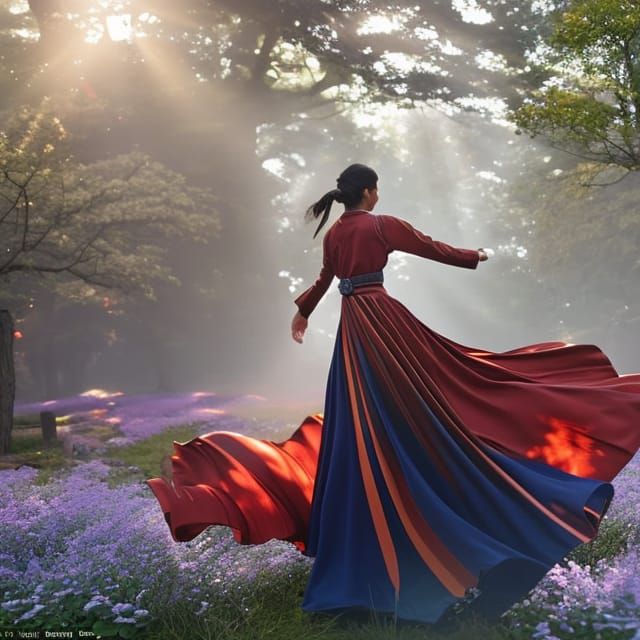 Woman Dancing Under Sakura Tree, Watercolor Art