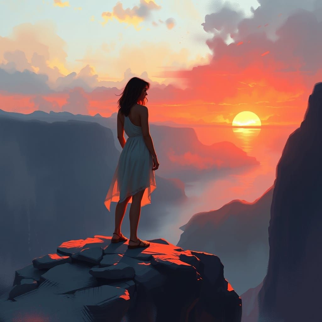Woman Gazing at Sunset: Digital Art