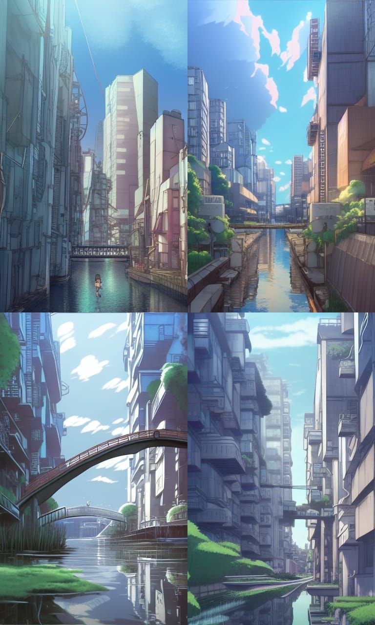 Future City Street with Floating Boats in Anime Style