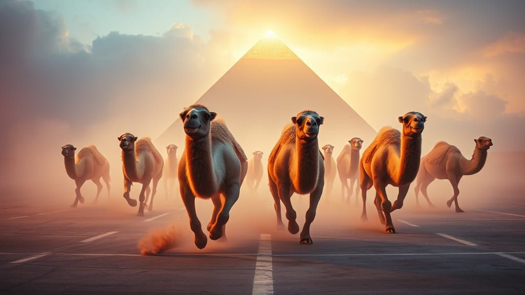 Neon Camels Race Through Desert Fantasyscape