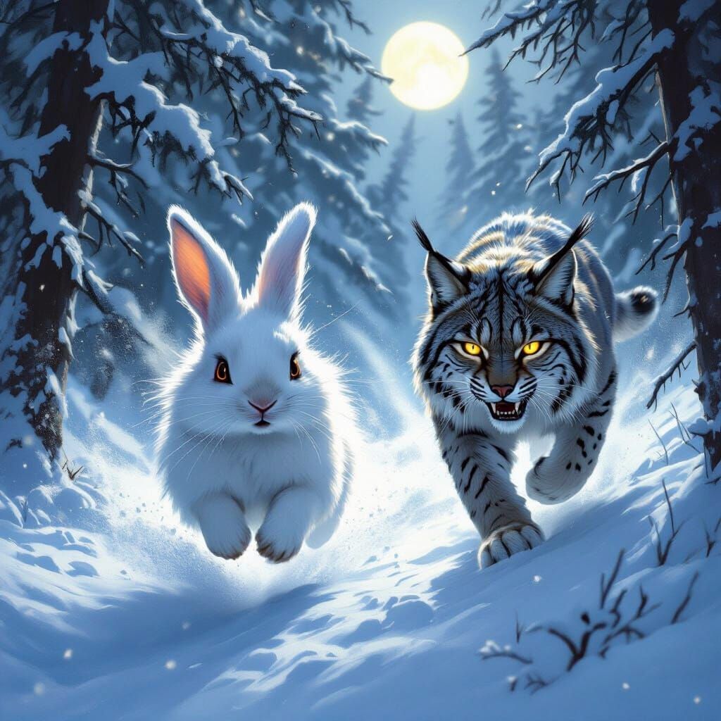 Rabbit Flees Lynx in Snowy Forest Digital Painting