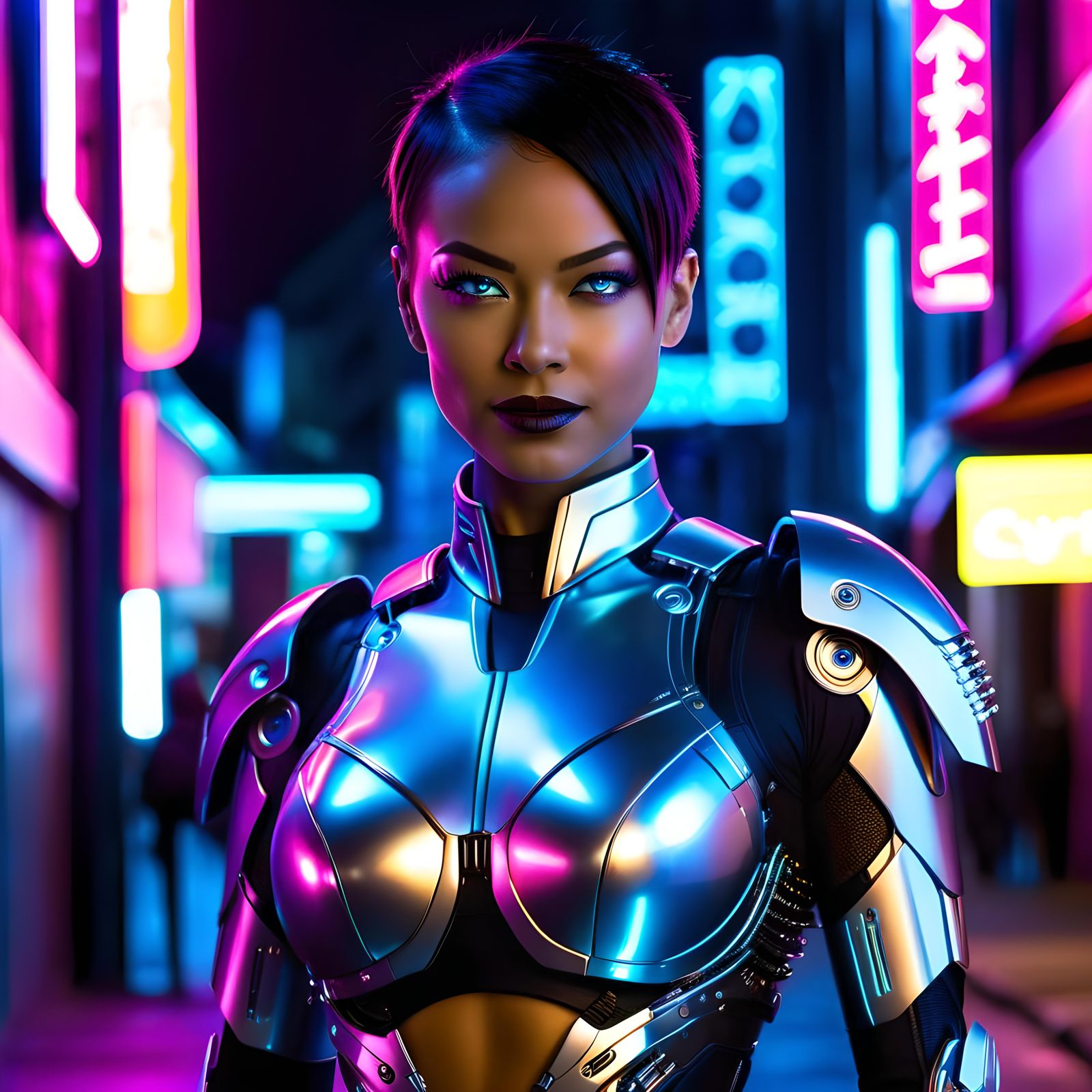 Ruthless Female Cyborg in Neon Cityscape