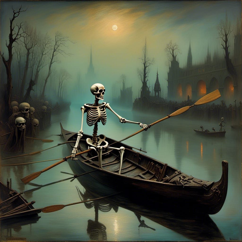 Eerie Skeleton Ferries Souls on River Styx