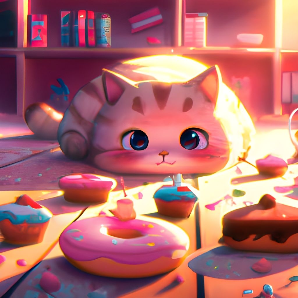 Cute Kitten Plays with Donuts in Anime Style