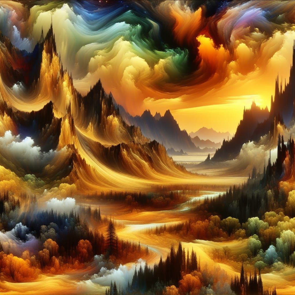 Stunning Fantasy Landscape in Vibrant Orange and Earthy Tone...